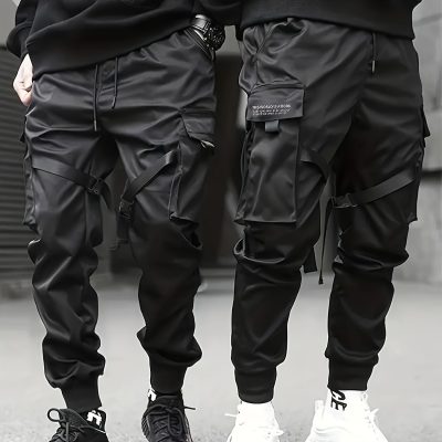 Trendy Solid Cargo Pants, Men’s Multi Flap Pocket Trousers, Loose Casual Outdoor Pants, Men’s Work Pants Outdoors techwear Hip Hop Style