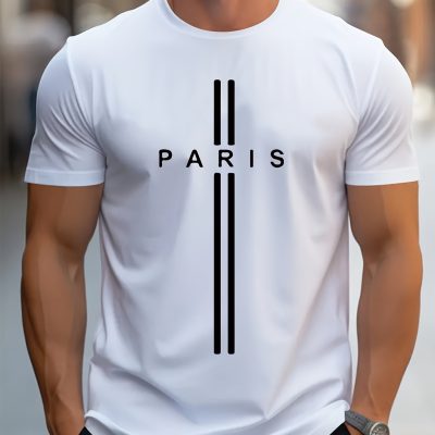 Paris Print, Men’s Graphic Design Crew Neck T-shirt, Casual Comfy Tees Tshirts For Summer, Men’s Clothing Tops For Daily Vacation Resorts