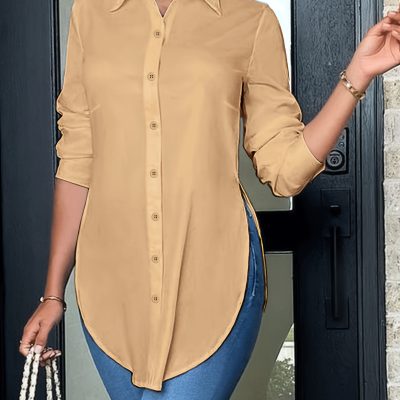 Split Button Front Shirt, Casual Long Sleeve Curved Hem Shirt, Women’s Clothing