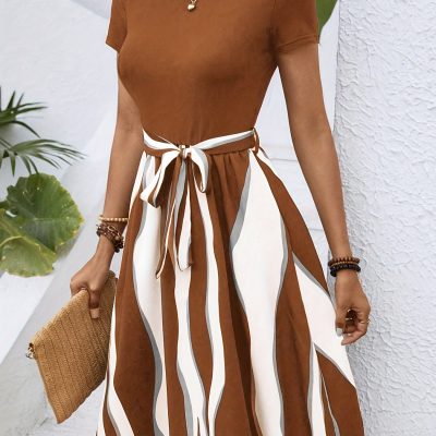 Striped Print Tie Waist Splicing Dress, Versatile Short Sleeve Dress For Spring & Summer, Women’s Clothing For Elegant Dressing
