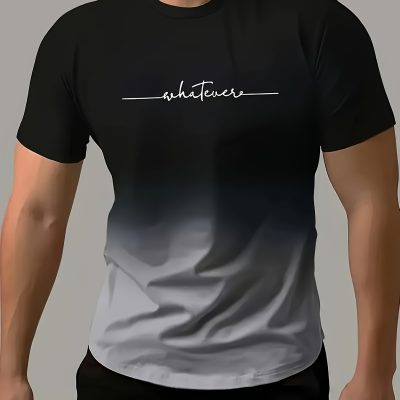 “Whatever” Print Gradient Crew Neck T-shirt For Men, Trendy Casual Short Sleeve Top, Men’s Tee For Summer Outing