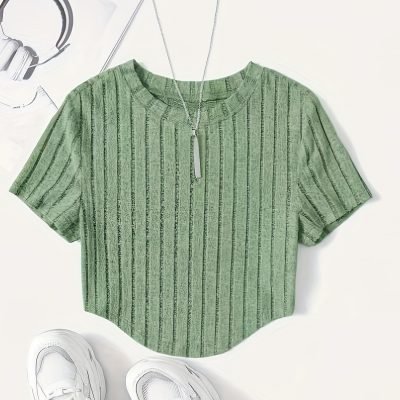 Solid Ribbed Crop T-Shirt, Casual Crew Neck Short Sleeve Top, Women??s Clothing