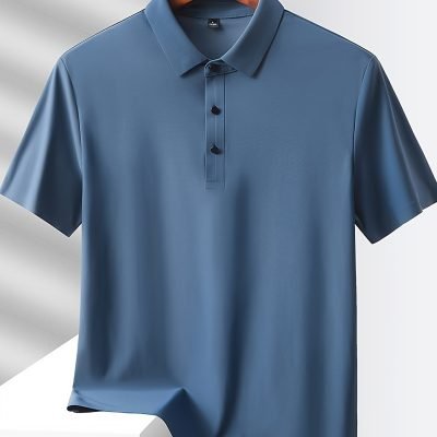 Men??s Solid Seamless Short Sleeve Button Up Lapel Shirt, Lightweight Business Casual Style, Breathable Short Sleeve Top, Solid Color Classic Collar Summer Golf Shirts