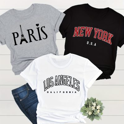 3 Pack Eiffel Tower Print Crew Neck T-Shirt, Casual Short Sleeve T-Shirt For Spring & Summer, Women’s Clothing