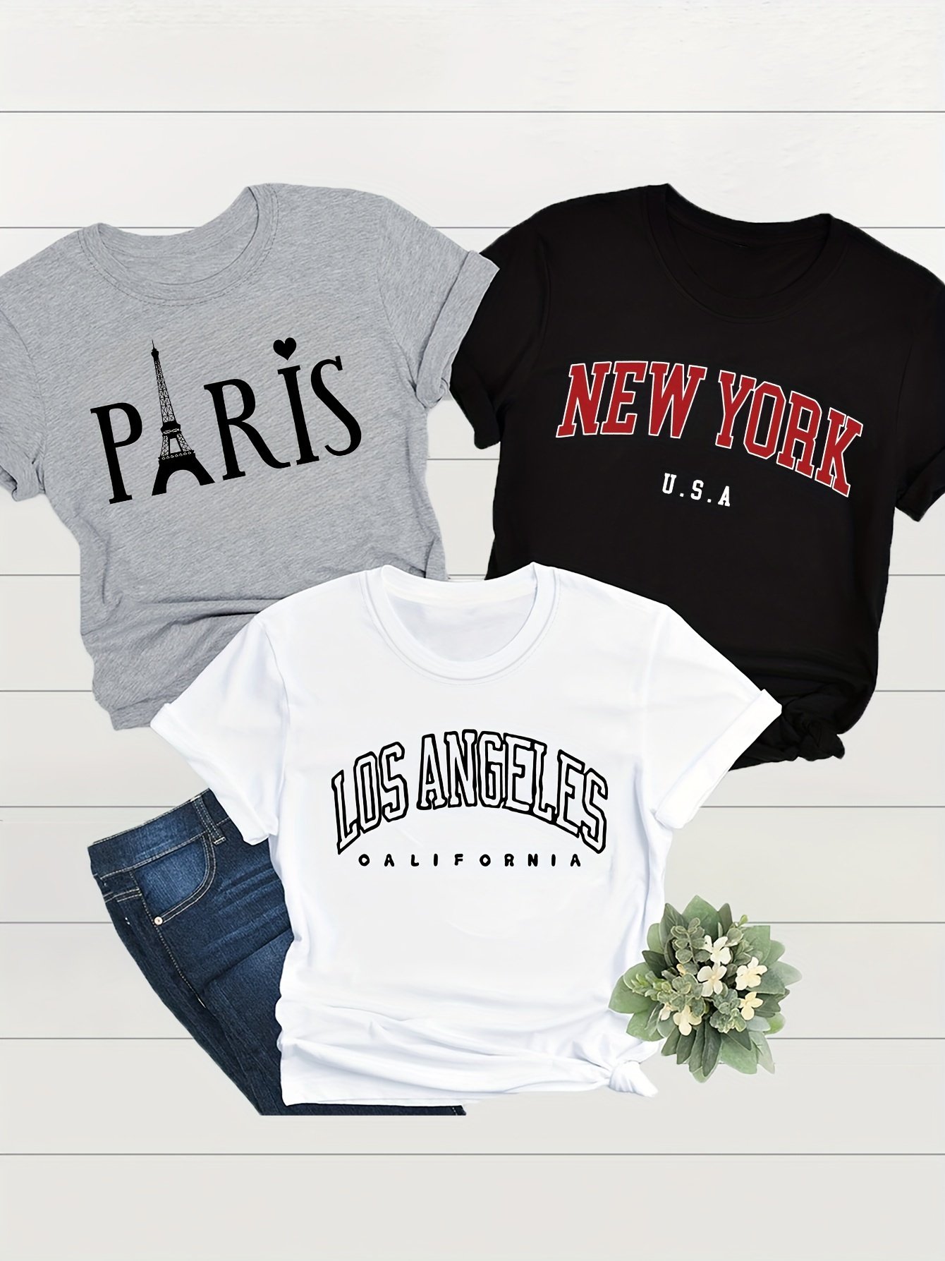 3 Pack Eiffel Tower Print Crew Neck T-Shirt, Casual Short Sleeve T-Shirt For Spring & Summer, Women’s Clothing