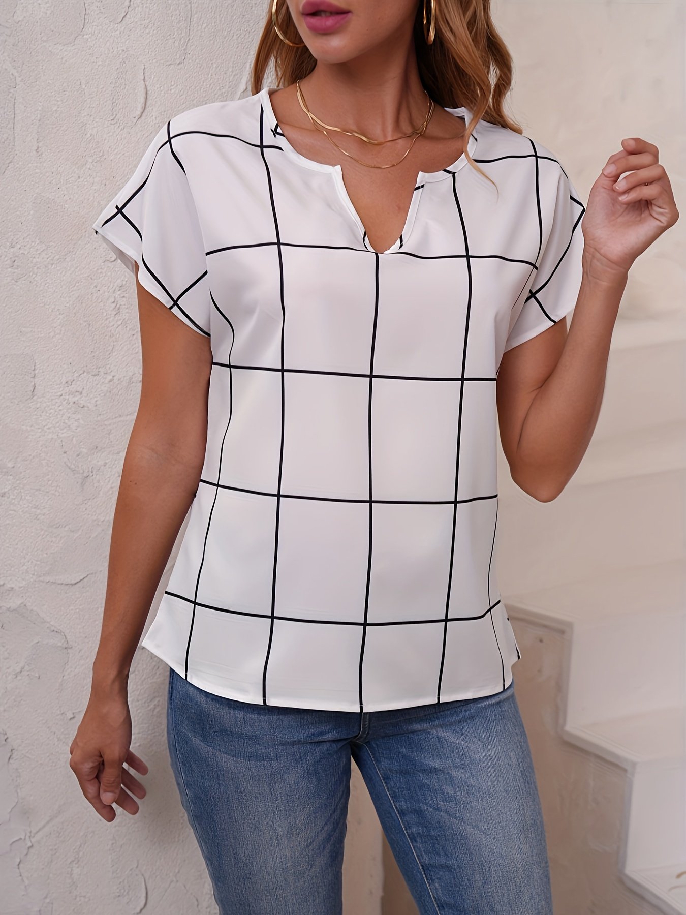Plaid Print V Neck Blouse, Short Sleeve Casual Blouse For Spring & Summer, Women??s Clothing - Image 5