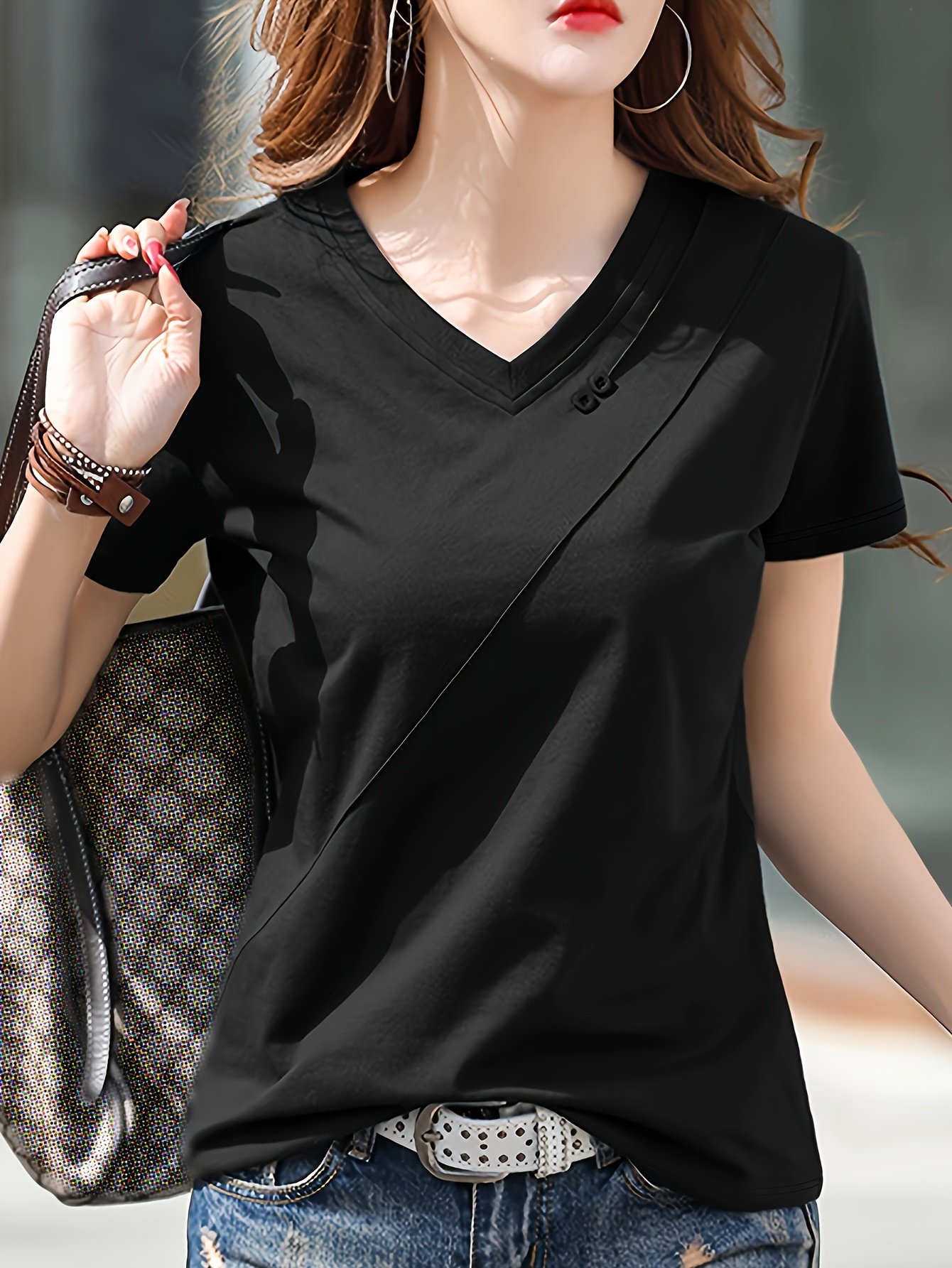 Solid Color V Neck T-Shirt, Casual Short Sleeve T-Shirt For Spring & Summer, Women??s Clothing