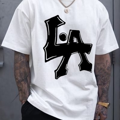 Men??s Los Angeles Print Short Sleeve T-Shirts, Comfy Casual Elastic Crew Neck Tops, Men??s Clothing