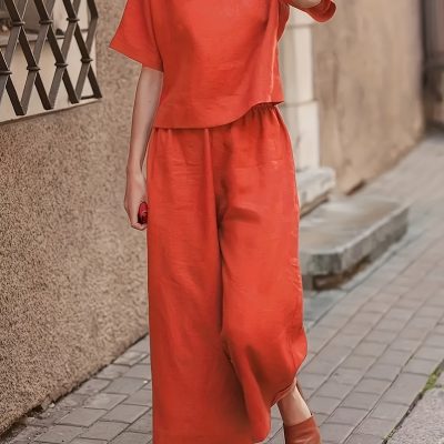Solid Two-piece Set, Crew Neck Casual T-Shirt & Wide Leg Pants, Women’s Clothing