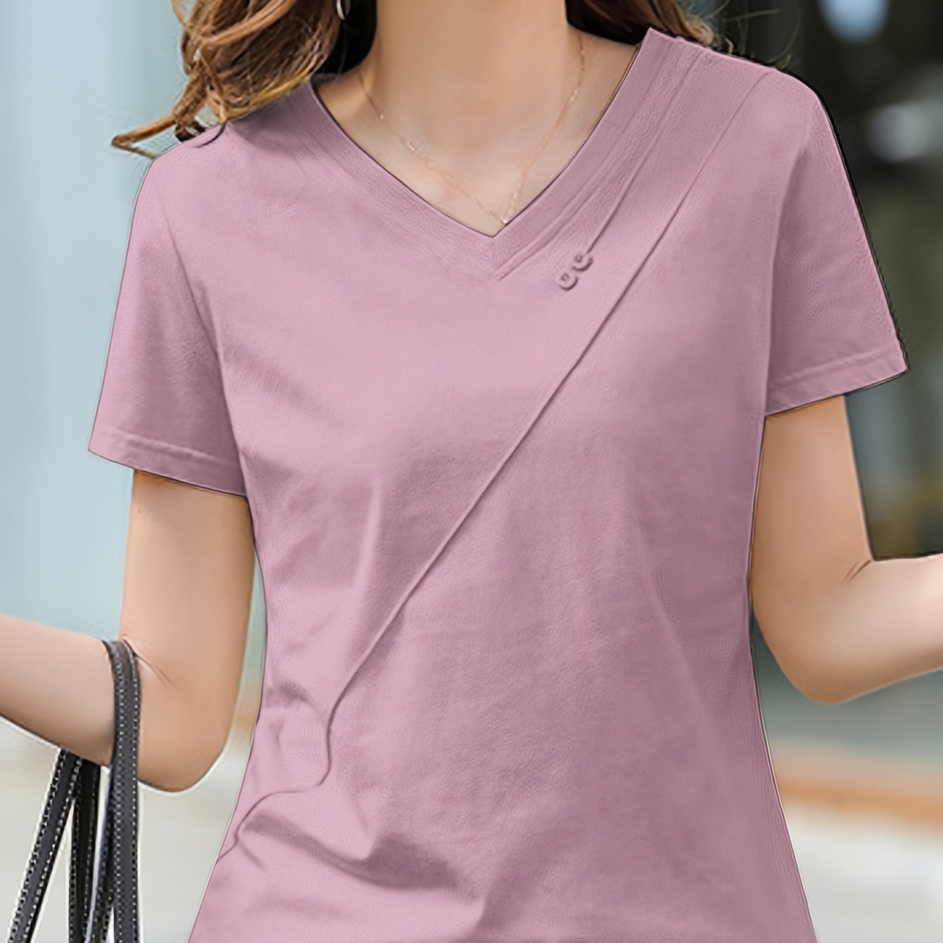 Solid Color V Neck T-Shirt, Casual Short Sleeve T-Shirt For Spring & Summer, Women??s Clothing - Image 6