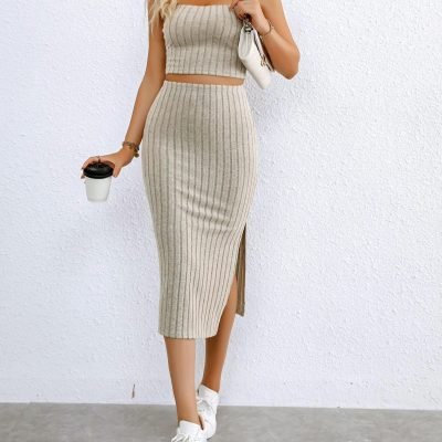 Ribbed Knit Two-piece Skirt Set, Crop Cami Top & Split Hem Skirt Outfits, Women??s Clothing