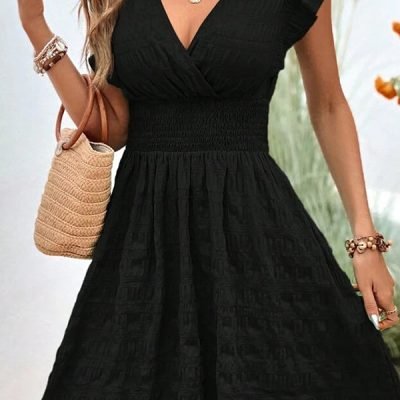 Solid Black V Neck Ruffle Sleeve Mini Dress