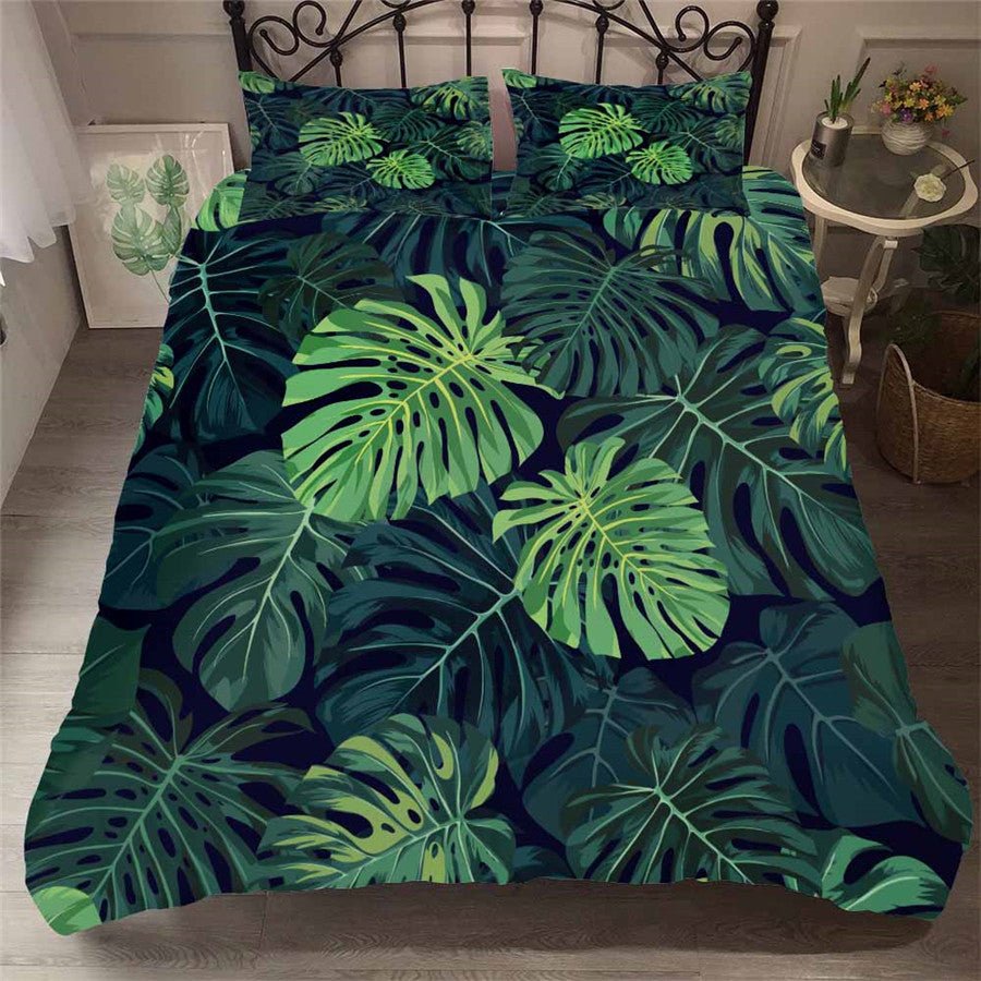 Dark Green 2/3-Piece Tropical Palm Leaf Print Duvet Cover Set