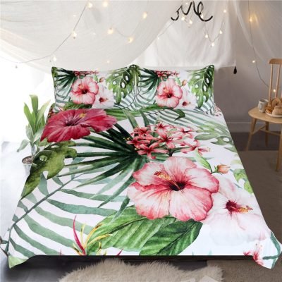 3-Piece Pink Floral Palm Leaf Print Duvet Cover Set