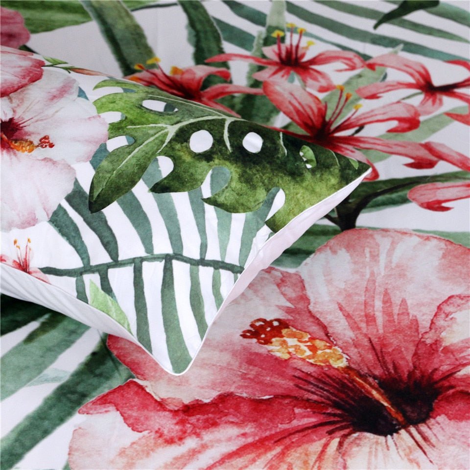 3-Piece Pink Floral Palm Leaf Print Duvet Cover Set - Image 2
