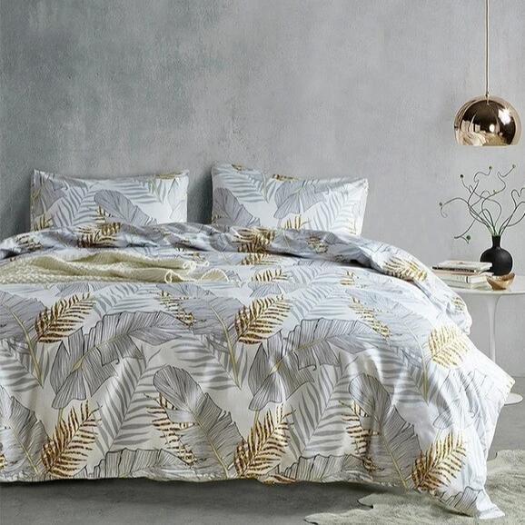Gray / Gold 3-Piece Palm Leaf Pattern Duvet Cover Set - Image 3