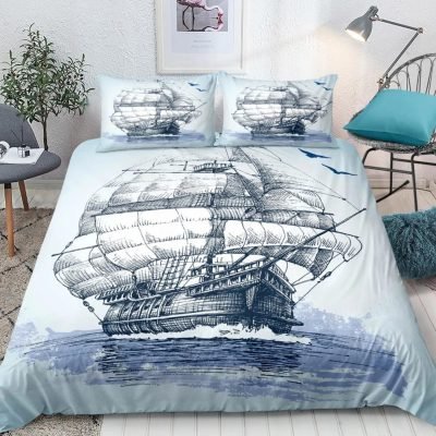 Blue 2/3-Piece Vintage Colonial Sailing Ship Duvet Cover Set