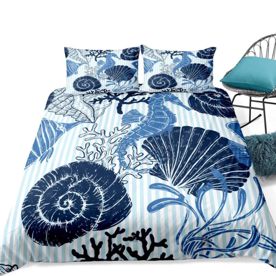 Blue 2/3-Piece Striped Nautical Ocean Sea Shell Print Duvet Set - Image 4