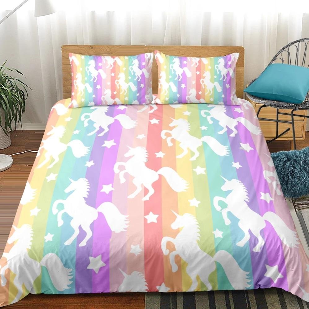 2/3-Piece Multi-Color Rainbow Unicorn Stripe Duvet Cover Set