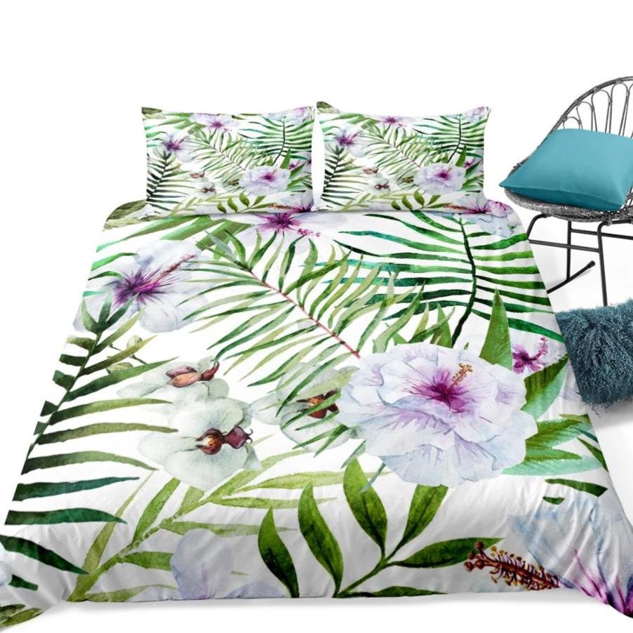 2/3-Piece Purple Floral Palm Leaf Print Duvet Cover Set - Image 4