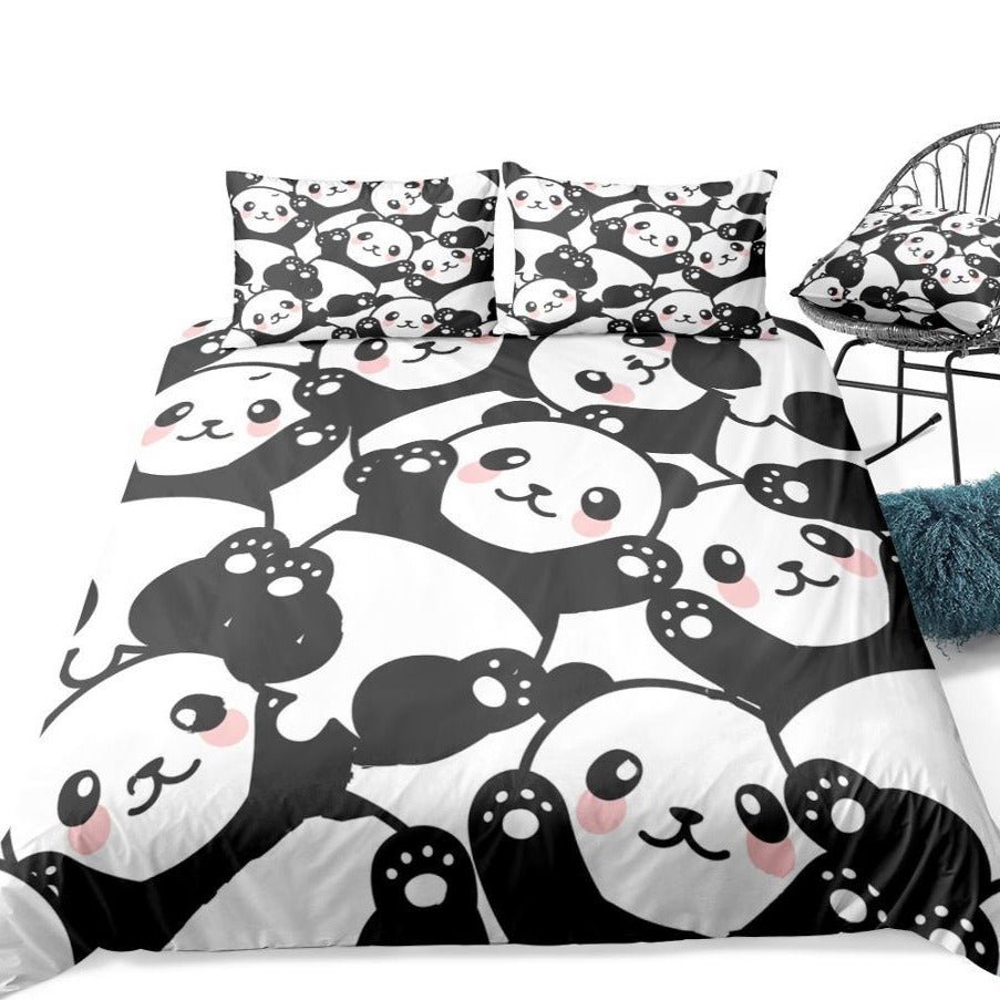 Black & White 3-Piece Cartoon Panda Pattern Duvet Cover Set - Image 4