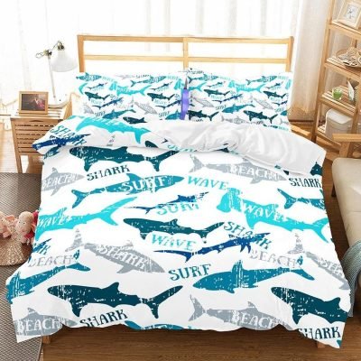 White 2/3-Piece Shark Pattern Duvet Cover Bedding Set
