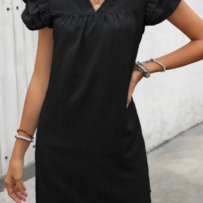 Solid Color Ruffle Sleeve V Neck Casual Dress