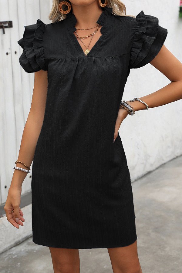 Solid Color Ruffle Sleeve V Neck Casual Dress