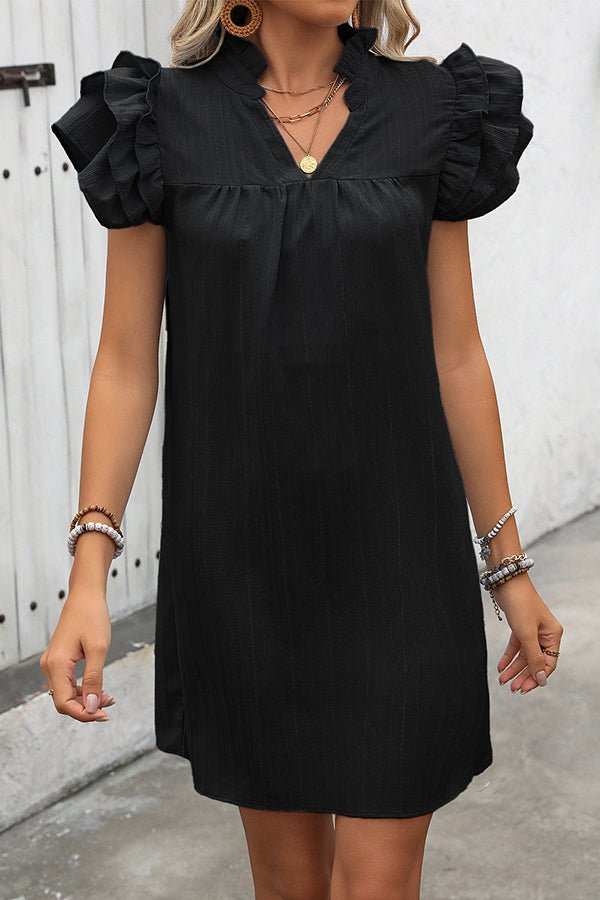 Solid Color Ruffle Sleeve V Neck Casual Dress - Image 2
