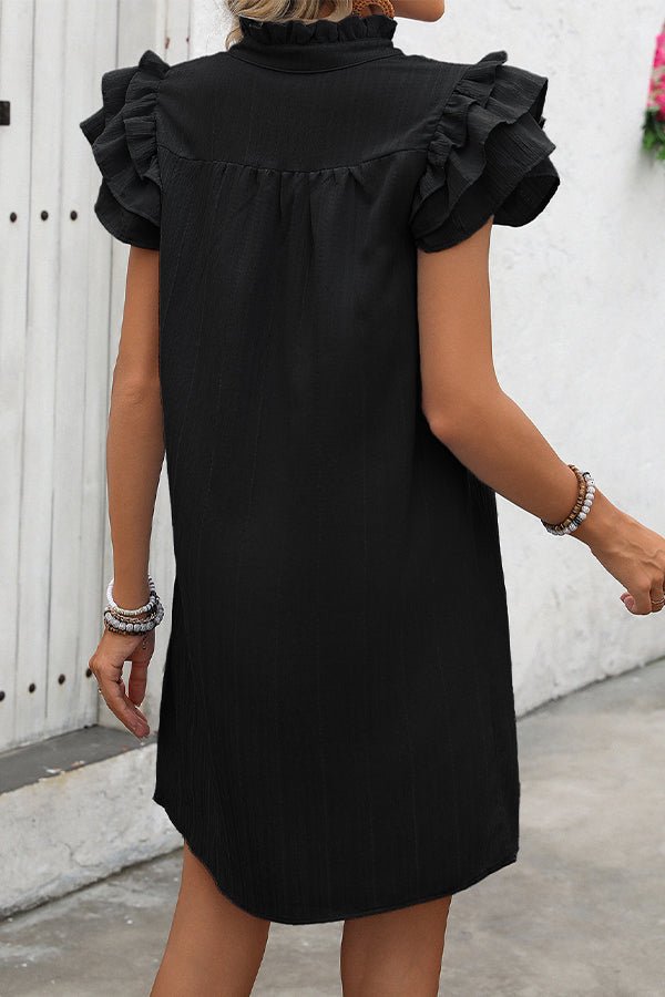 Solid Color Ruffle Sleeve V Neck Casual Dress - Image 4