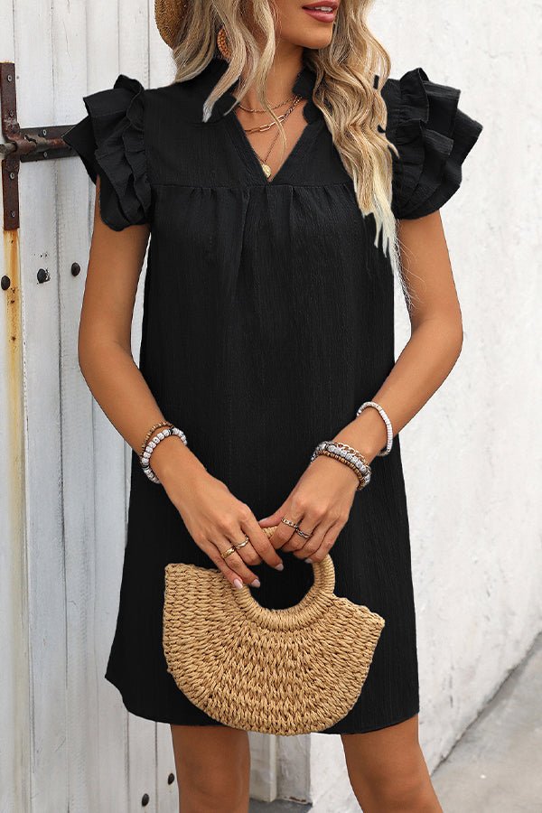 Solid Color Ruffle Sleeve V Neck Casual Dress - Image 3