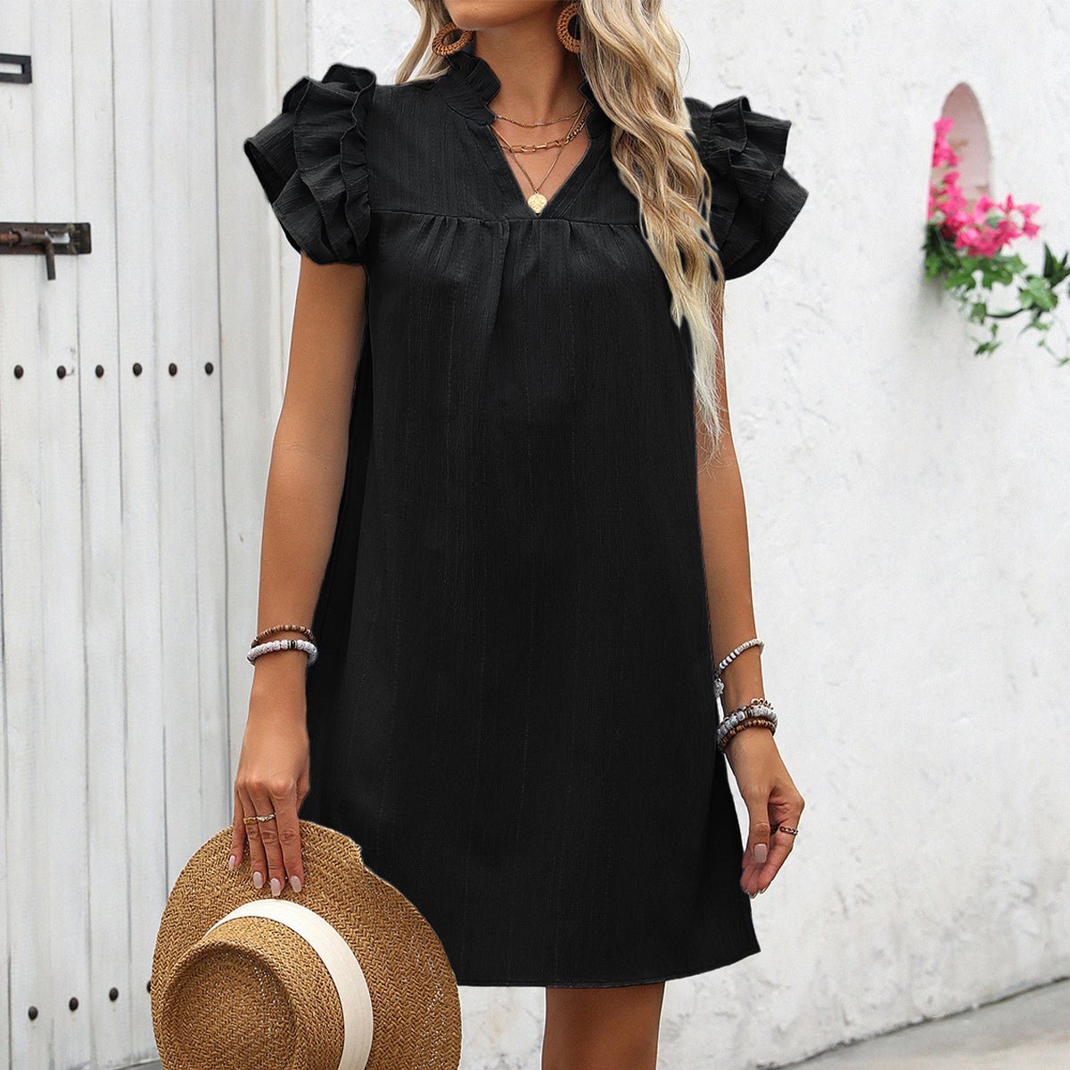 Solid Color Ruffle Sleeve V Neck Casual Dress - Image 5