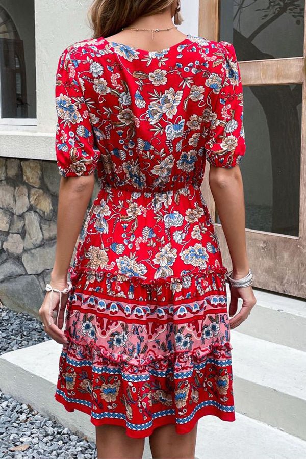 Bohemia Print V Neck Short Sleeve Mini Dress - Image 6