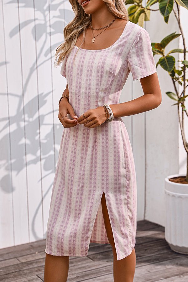 Stripe Printed Square Neck Split Side Casual Dress - Image 4