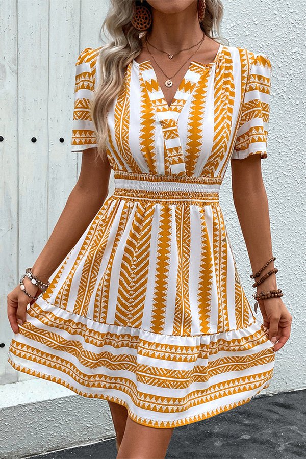 Bohemia Print V Neck Smocked Waist Mini Dress - Image 3