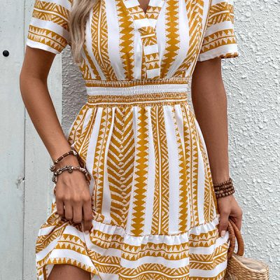 Bohemia Print V Neck Smocked Waist Mini Dress